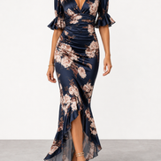 Alicia | Vestido largo de satén con estampado floral