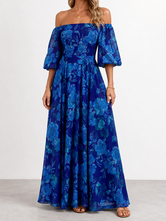 Luna | Vestido largo floral con hombros descubiertos