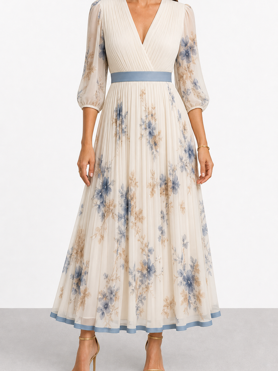 Paz | Vestido largo plisado floral atemporal