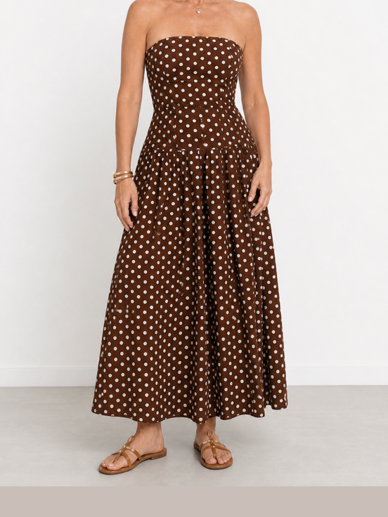 Sonia | Vestido midi sin tirantes con estampado de lunares