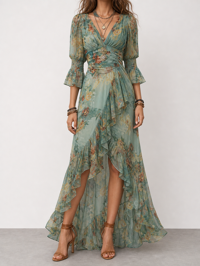 Aurora | Vestido largo floral boho con bajo asimétrico