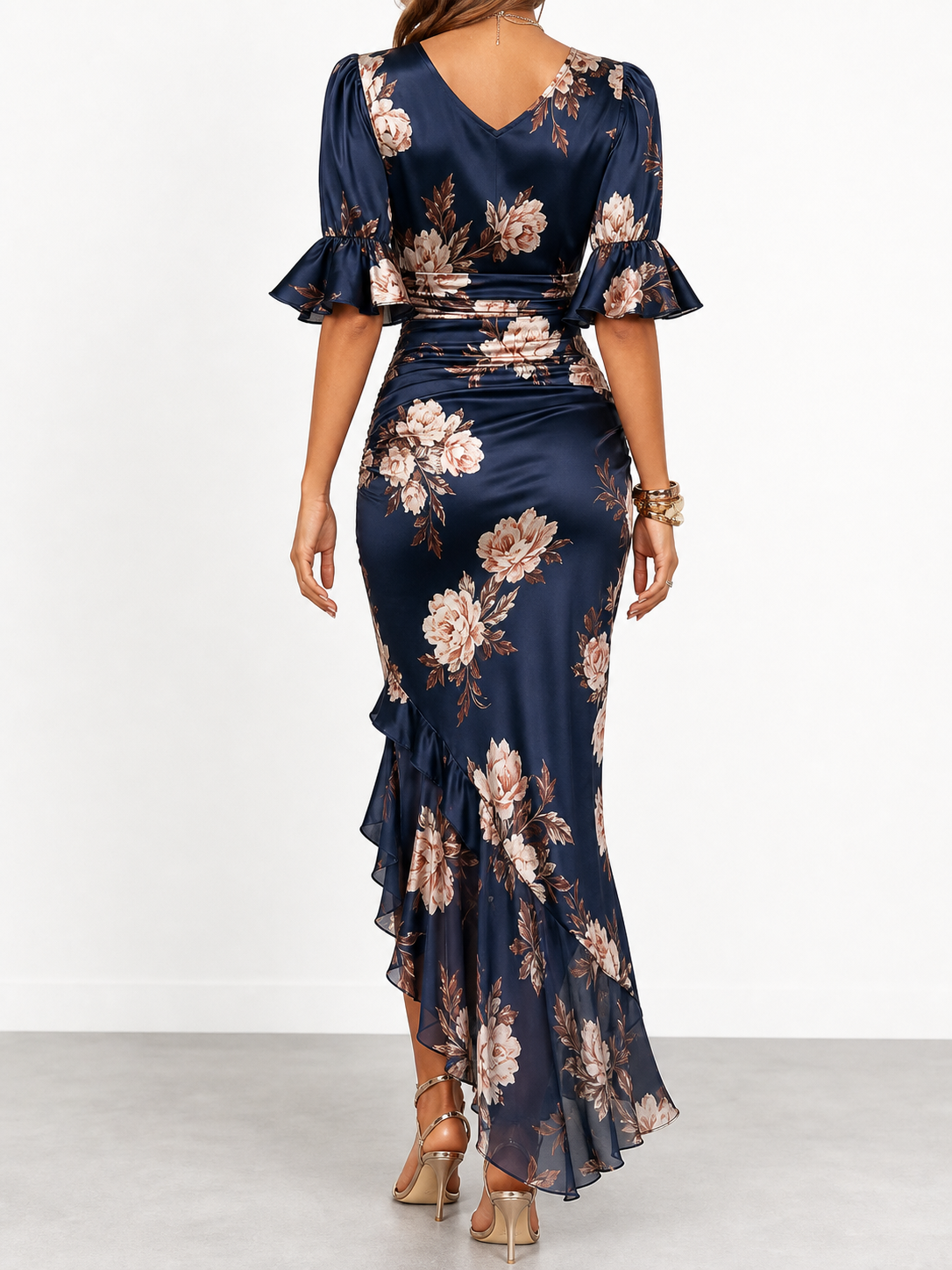 Alicia | Vestido largo de satén con estampado floral