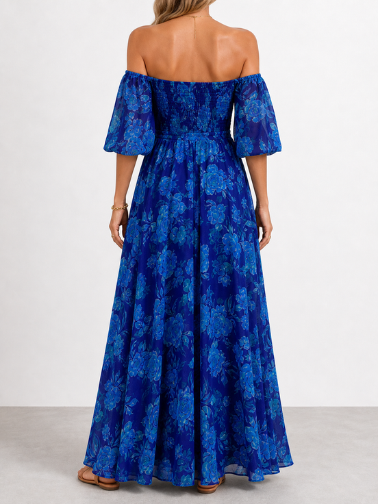 Luna | Vestido largo floral con hombros descubiertos