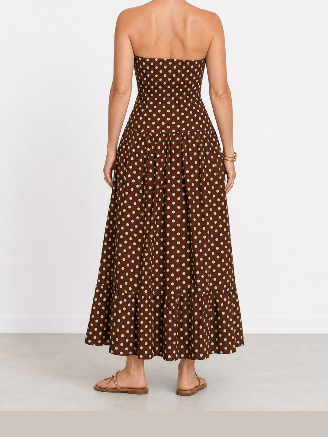 Sonia | Vestido midi sin tirantes con estampado de lunares