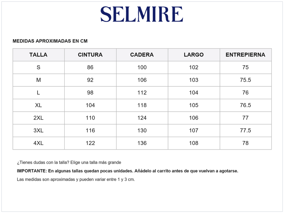 Guía de tallas de Samuel | Pantalones cómodos con cintura ajustable