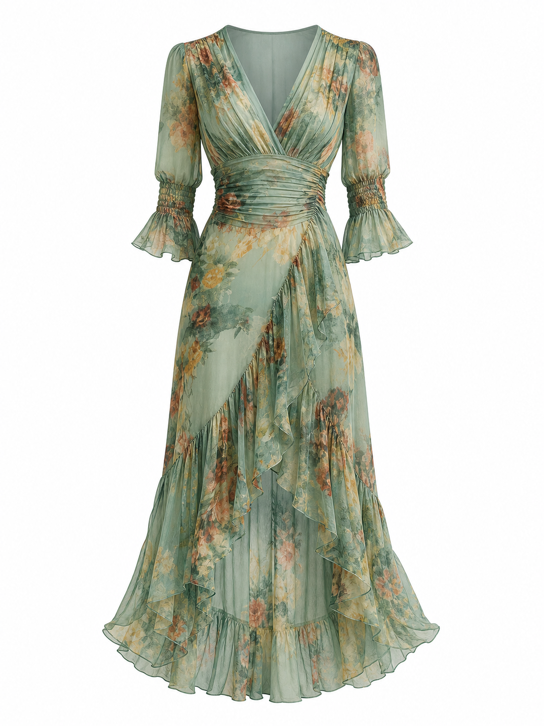 Aurora | Vestido largo floral boho con bajo asimétrico