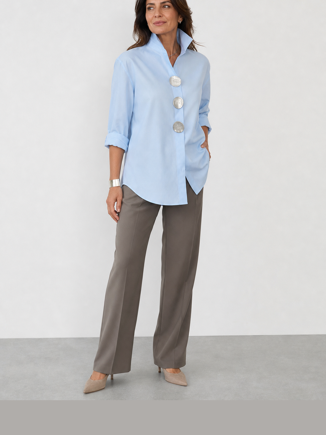 Marina | Blusa de algodón y lino con cuello mao