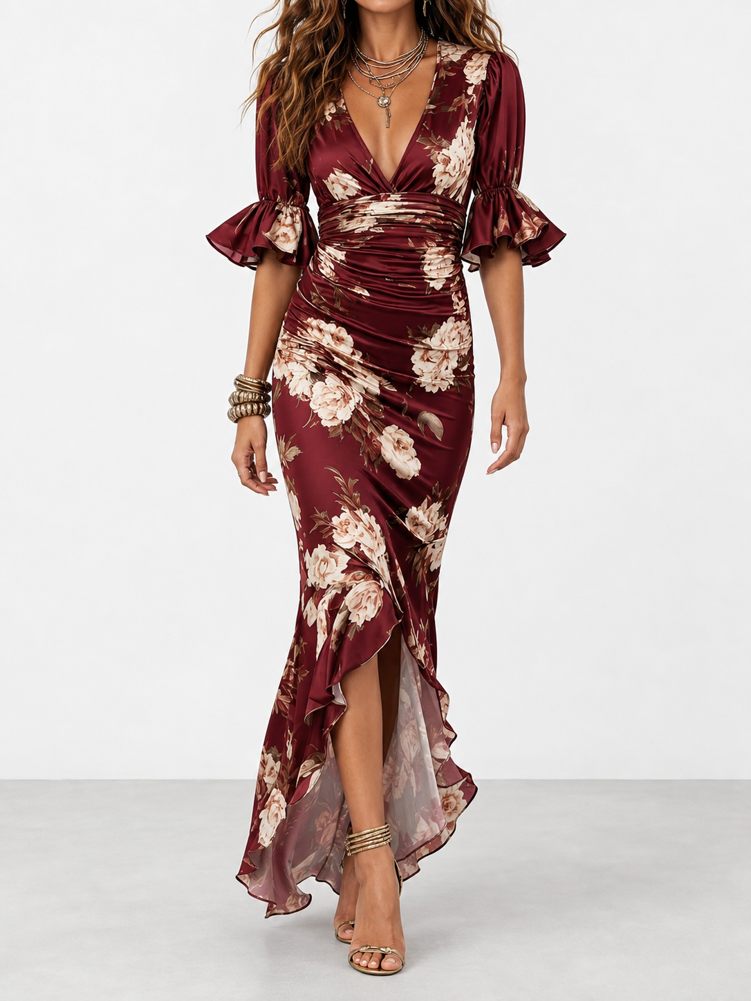 Alicia | Vestido largo de satén con estampado floral
