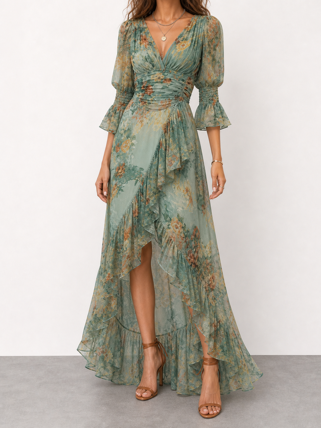 Aurora | Vestido largo floral boho con bajo asimétrico
