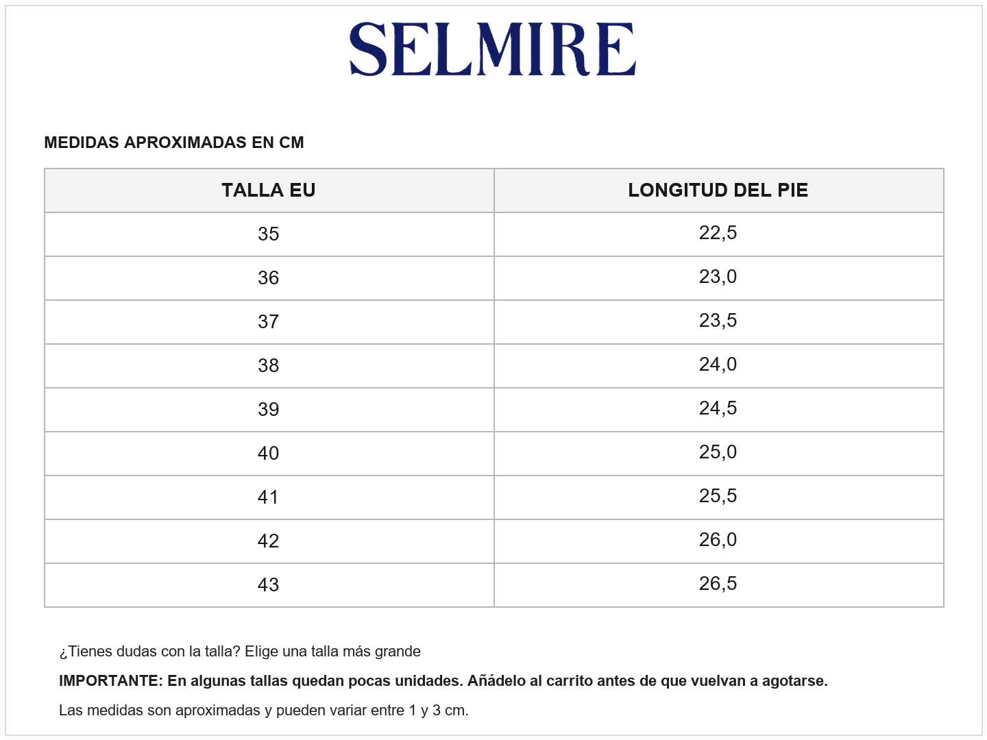 Guía de tallas de Carla | Zapatos cómodos con suela flexible