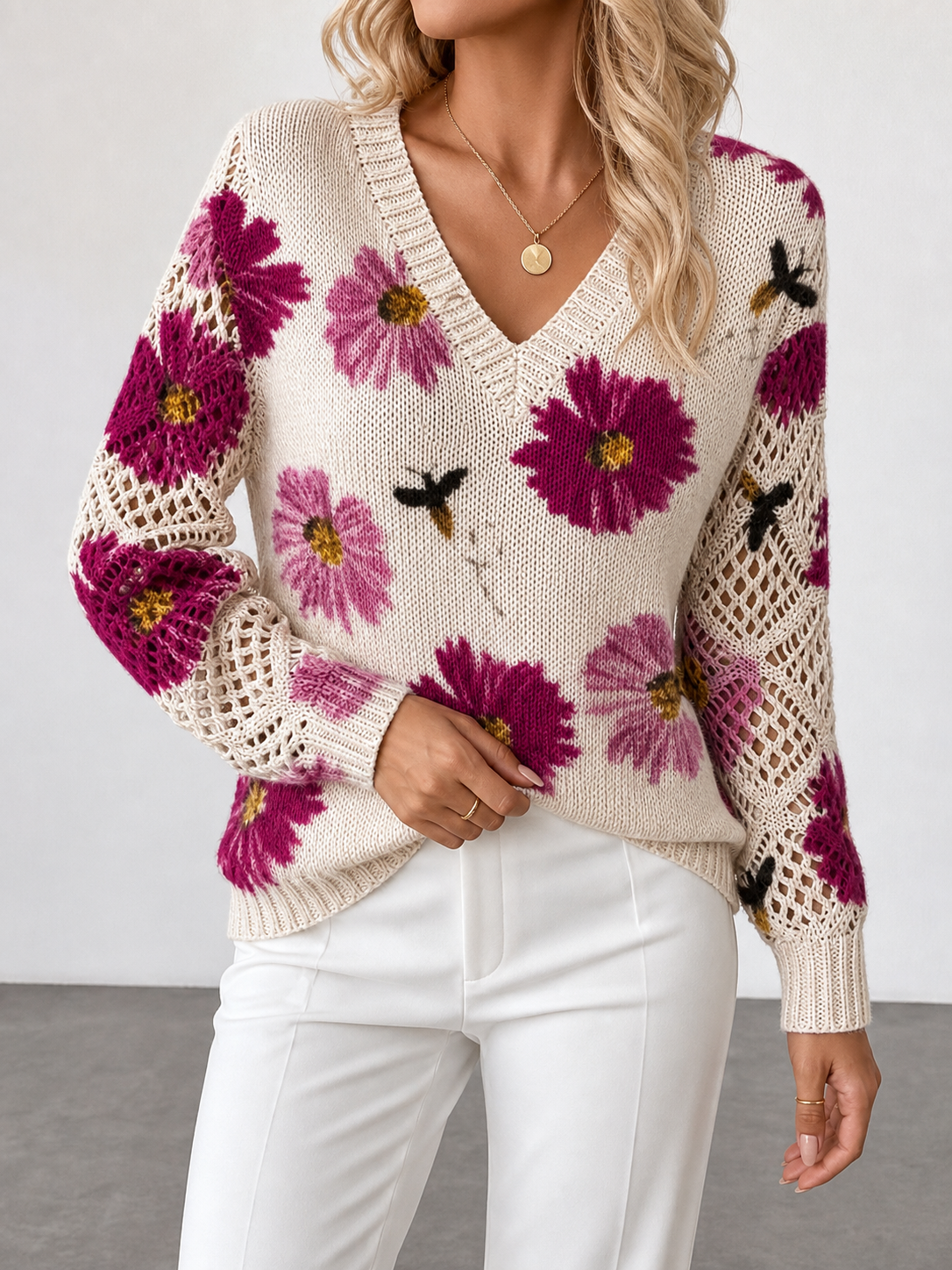 Aurora | Jersey de punto floral con escote en V