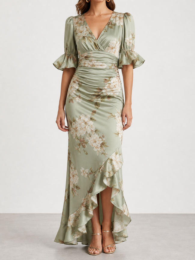 Alicia | Vestido largo de satén con estampado floral
