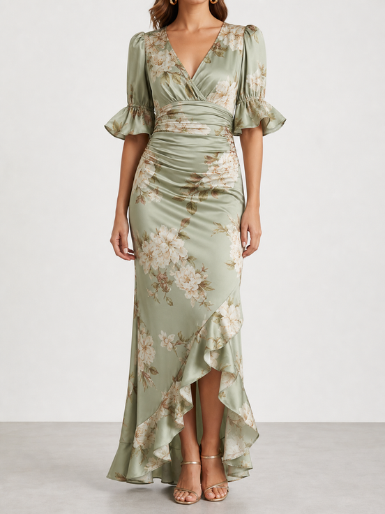 Alicia | Vestido largo de satén con estampado floral