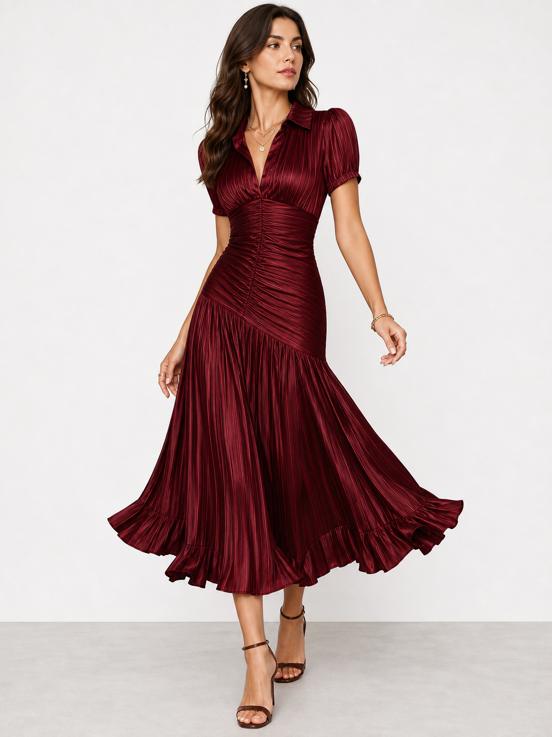 Adriana | Vestido midi de satén con rayas retro