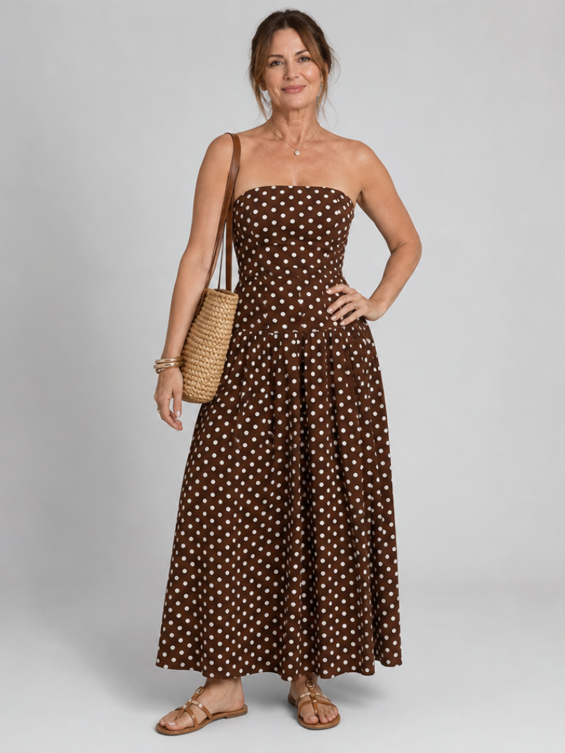 Sonia | Vestido midi sin tirantes con estampado de lunares