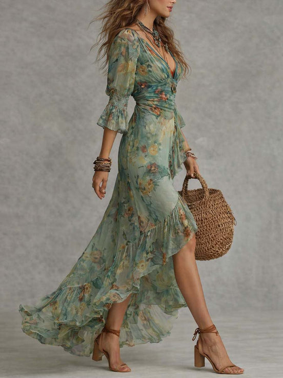 Aurora | Vestido largo floral boho con bajo asimétrico