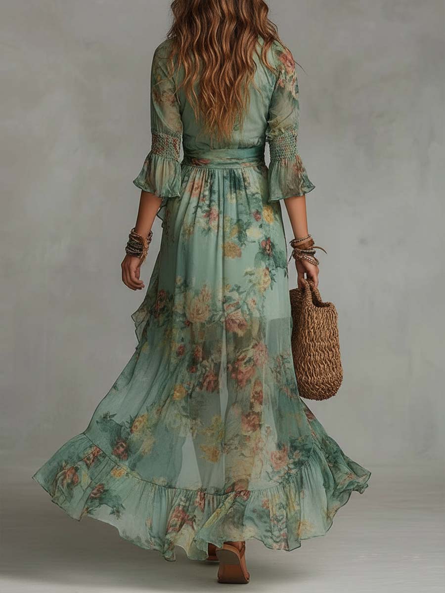 Aurora | Vestido largo floral boho con bajo asimétrico