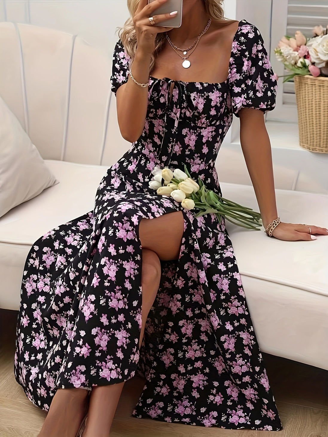 Cloe | Vestido midi floral de manga corta