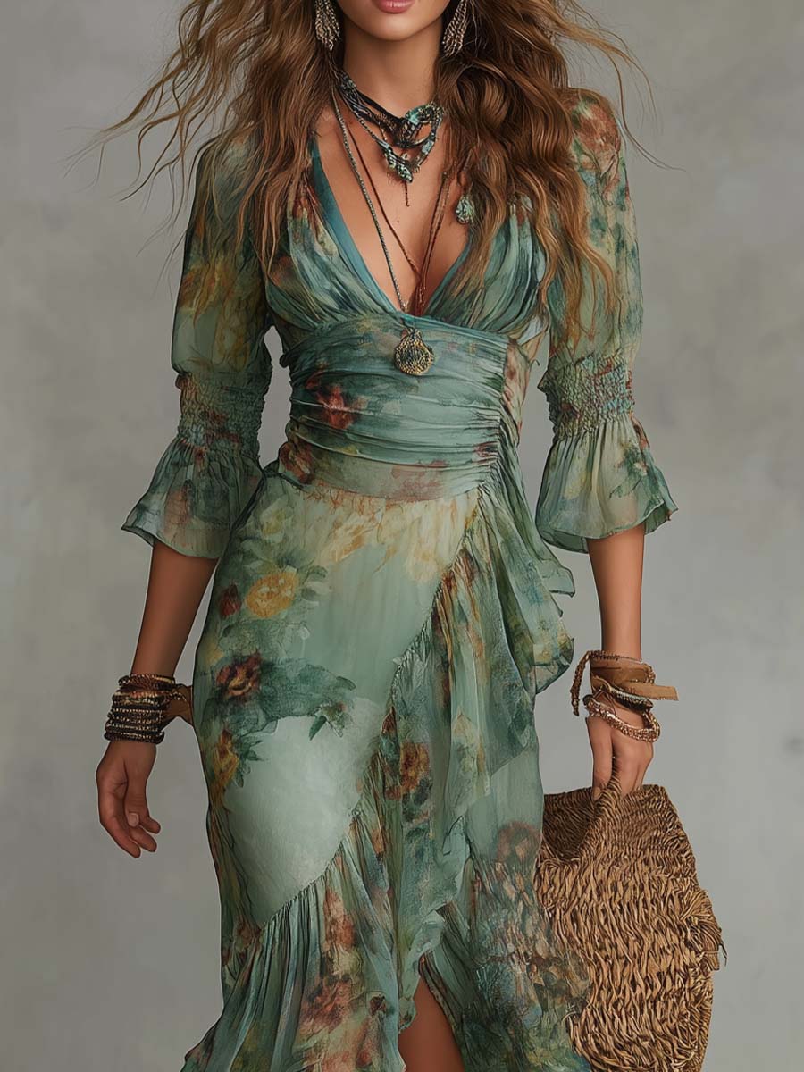 Aurora | Vestido largo floral boho con bajo asimétrico