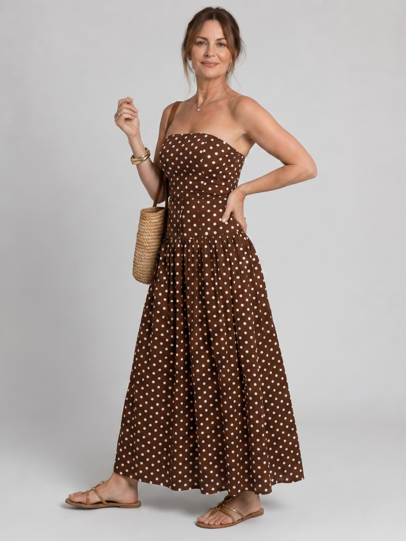 Sonia | Vestido midi sin tirantes con estampado de lunares