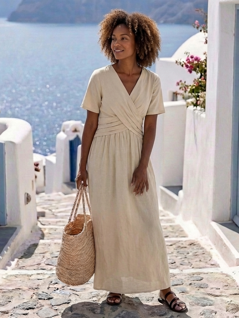 Álvara | Vestido midi cruzado con escote en V y manga corta