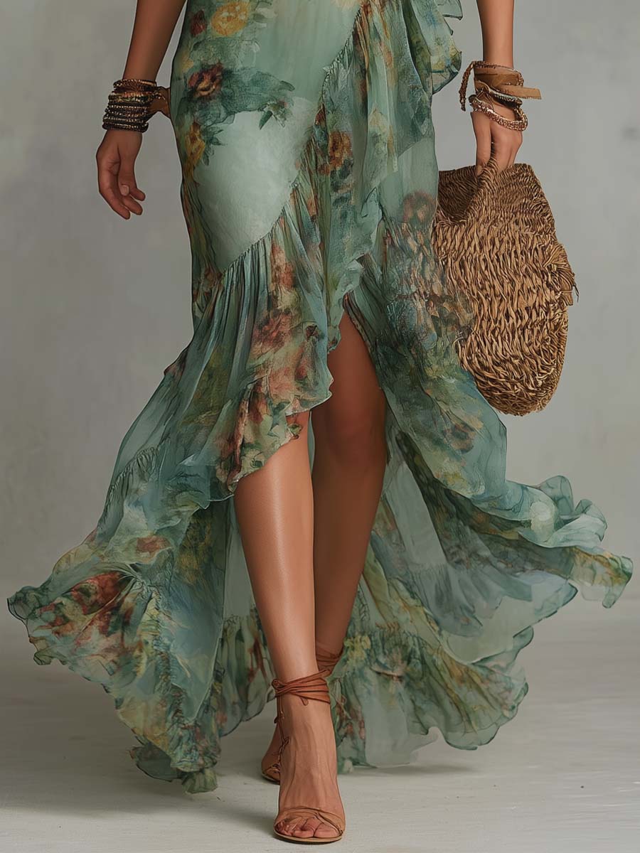 Aurora | Vestido largo floral boho con bajo asimétrico