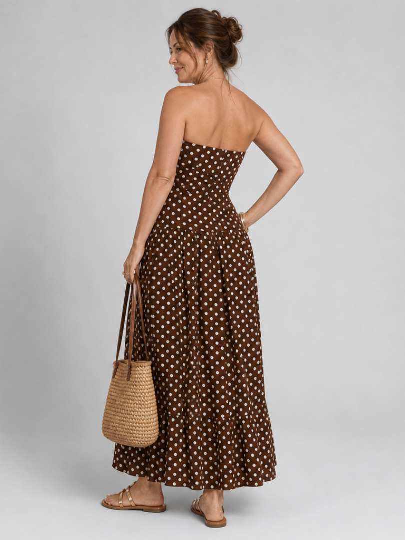 Sonia | Vestido midi sin tirantes con estampado de lunares