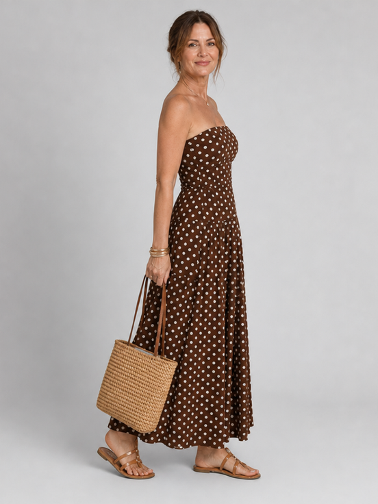 Sonia | Vestido midi sin tirantes con estampado de lunares