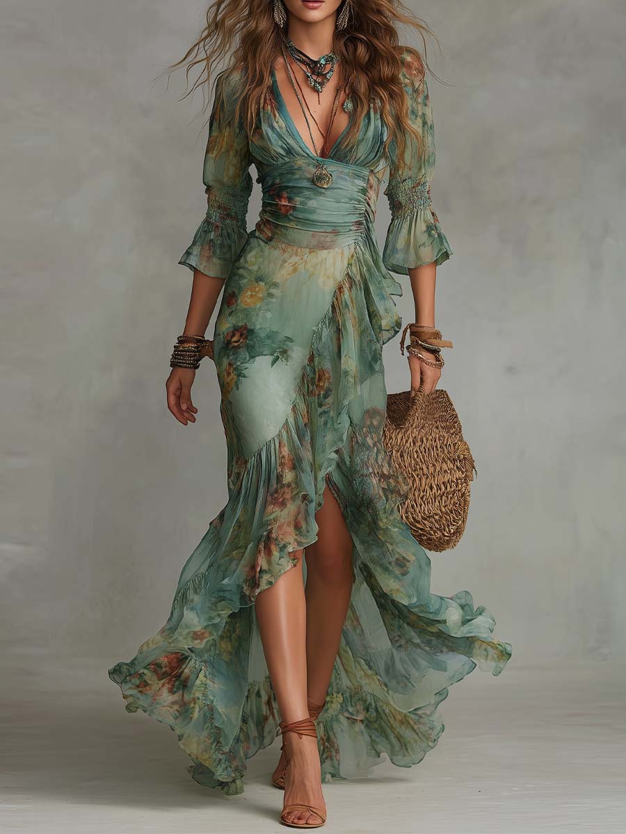 Aurora | Vestido largo floral boho con bajo asimétrico