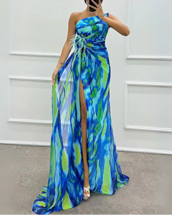 Mia | Vestido largo drapeado de estampado vibrante