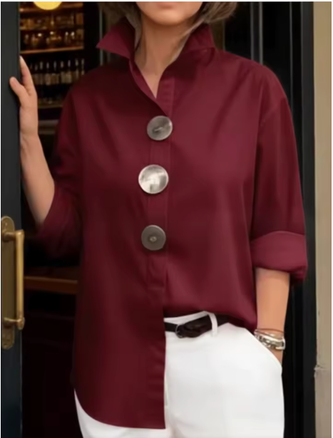 Marina | Blusa de algodón y lino con cuello mao