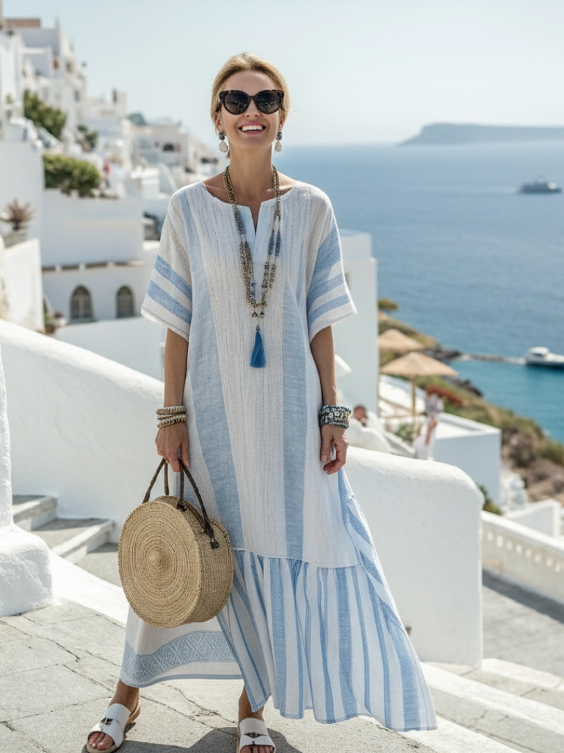 Inés | Vestido largo de manga corta con cuello redondo y rayas
