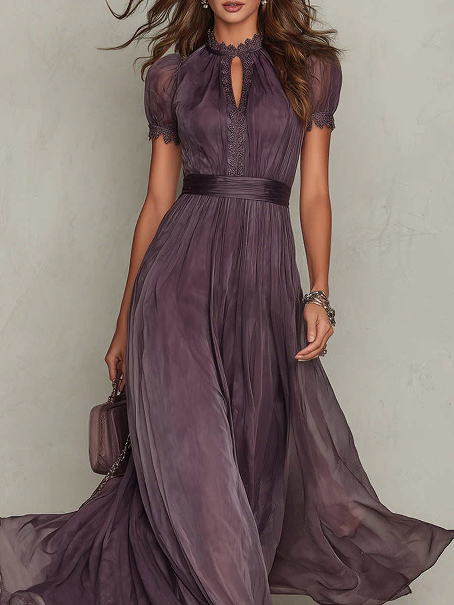 Flavia | Vestido largo de chifón con escote lágrima y encaje