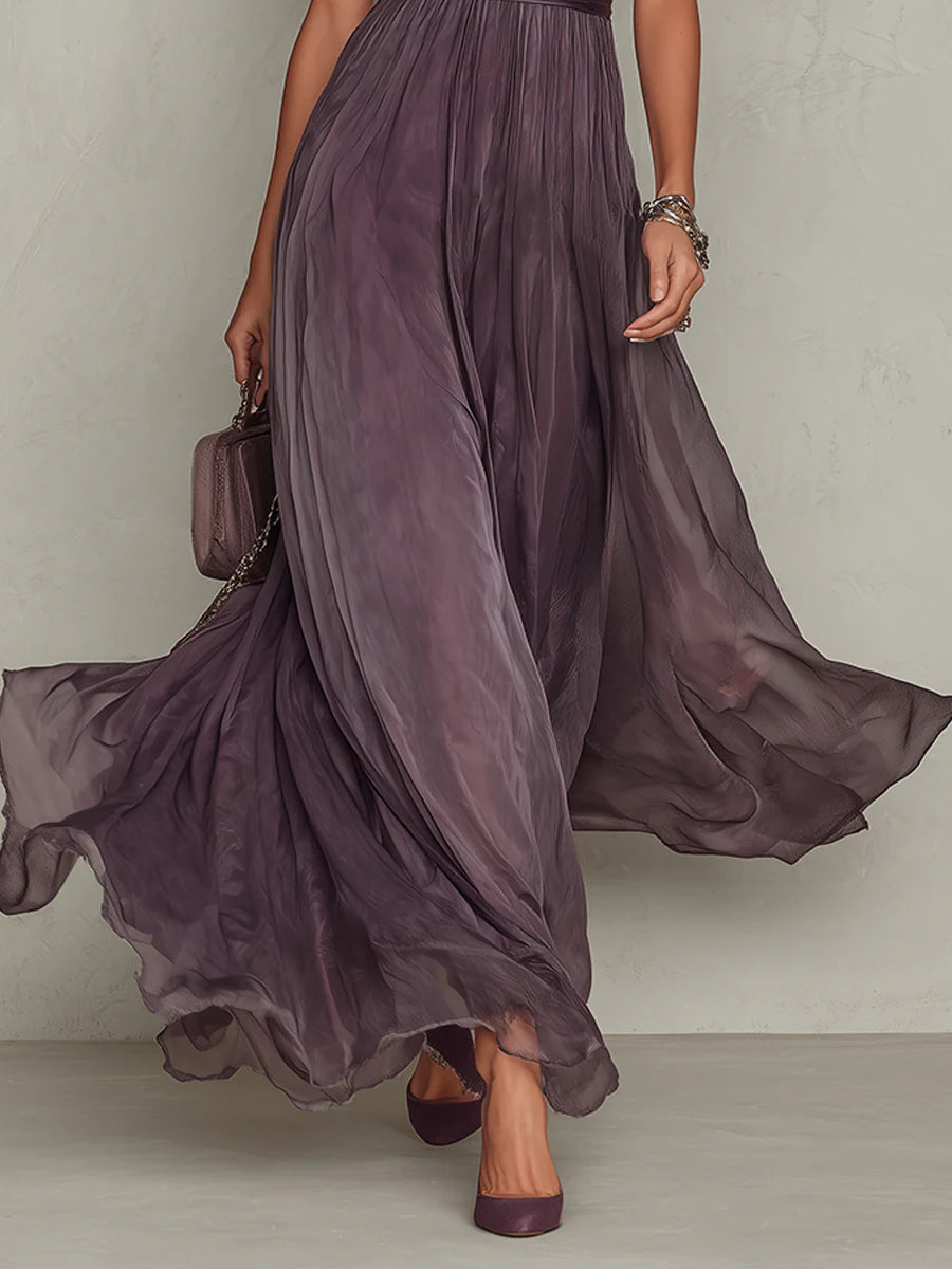 Flavia | Vestido largo de chifón con escote lágrima y encaje