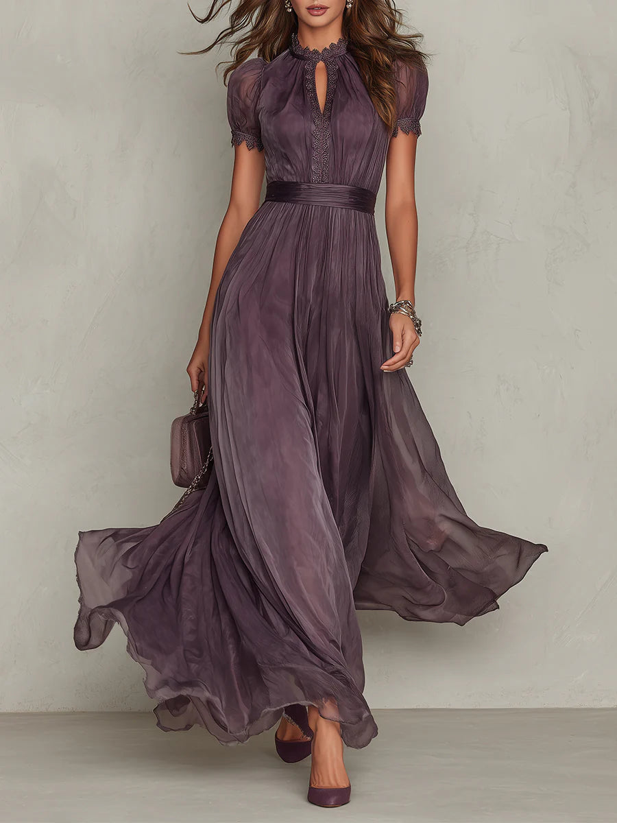 Flavia | Vestido largo de chifón con escote lágrima y encaje