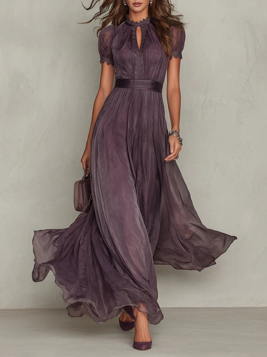 Flavia | Vestido largo de chifón con escote lágrima y encaje