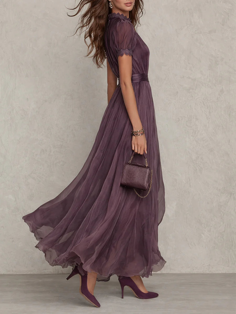Flavia | Vestido largo de chifón con escote lágrima y encaje