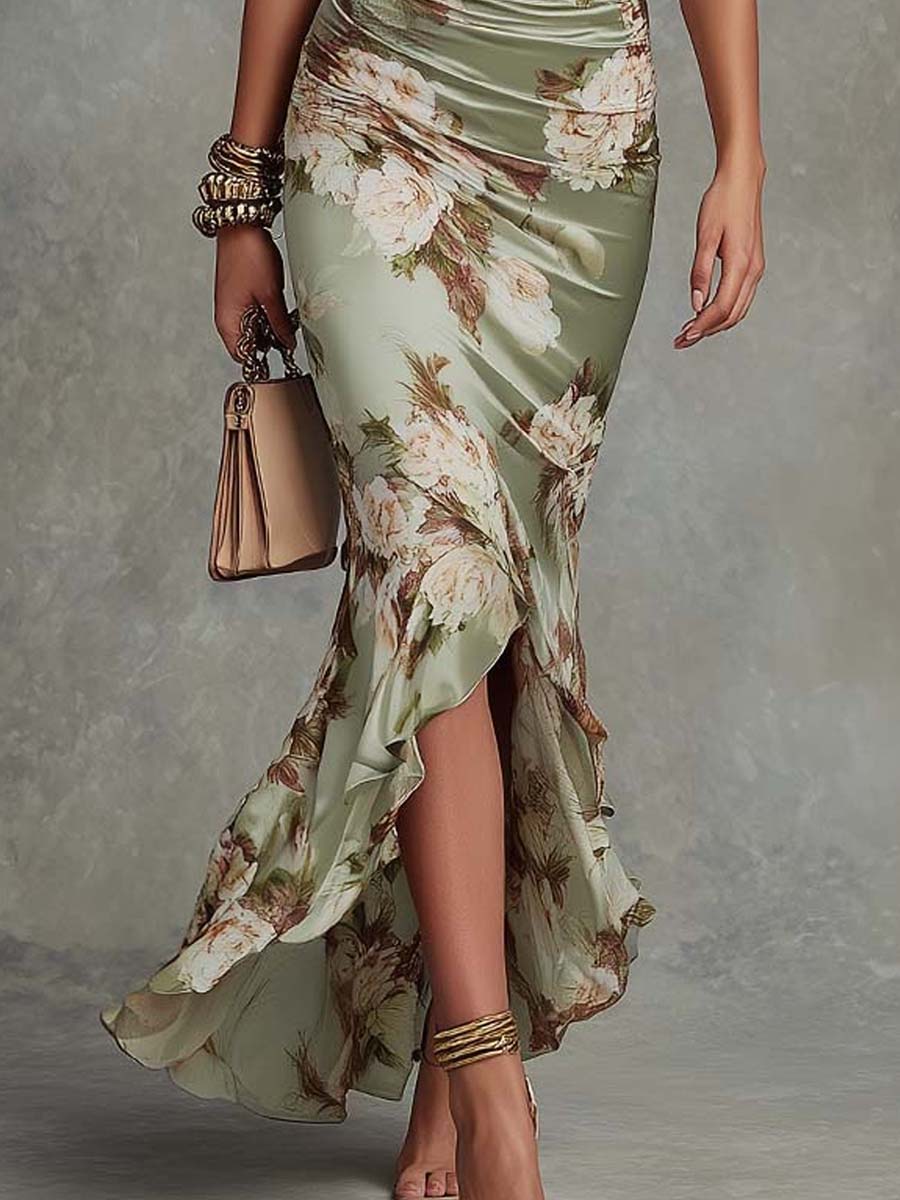 Alicia — Vestido largo de satén con estampado floral