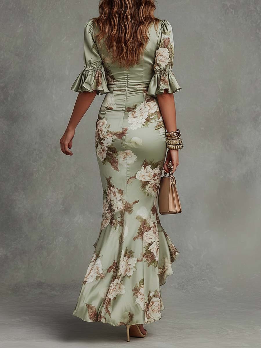 Alicia — Vestido largo de satén con estampado floral