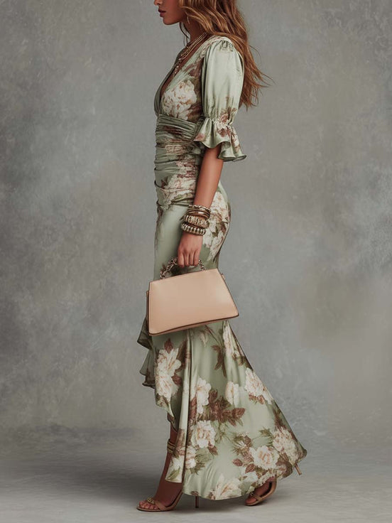 Alicia — Vestido largo de satén con estampado floral
