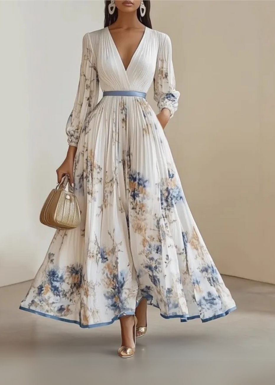 Paz | Vestido largo plisado floral atemporal