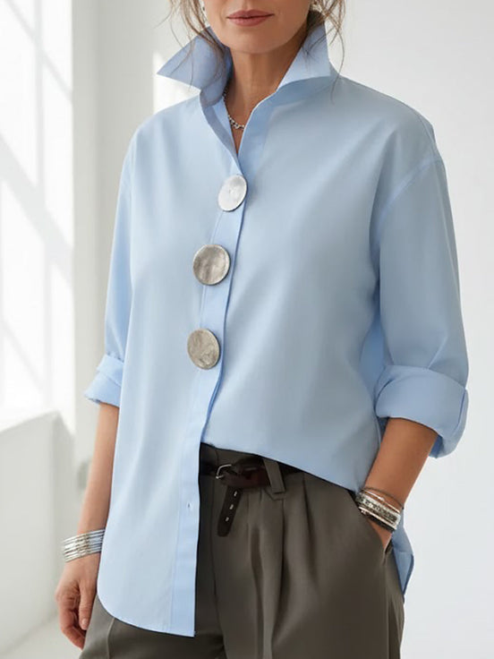 Marina | Blusa de algodón y lino con cuello mao