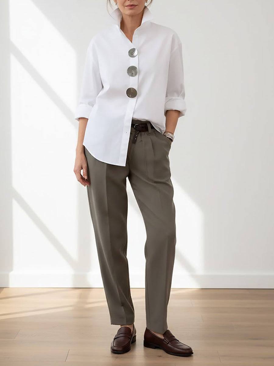 Marina | Blusa de algodón y lino con cuello mao