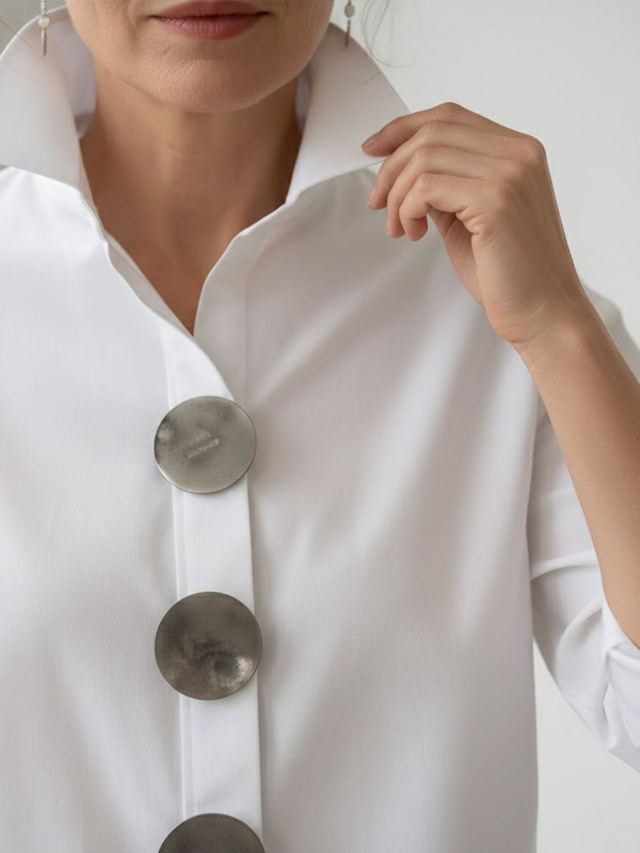 Marina | Blusa de algodón y lino con cuello mao